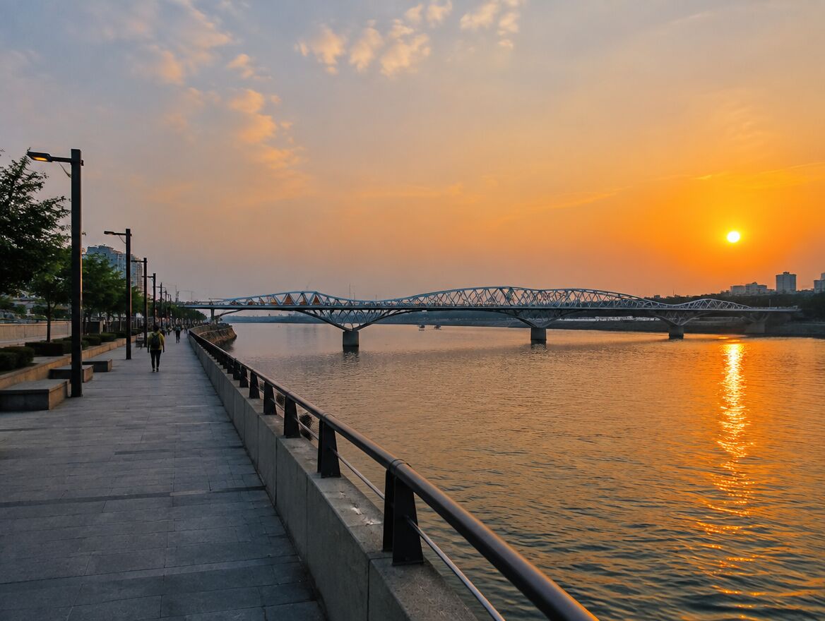 The Sabarmati riverfront in Ahmedabad at sunset