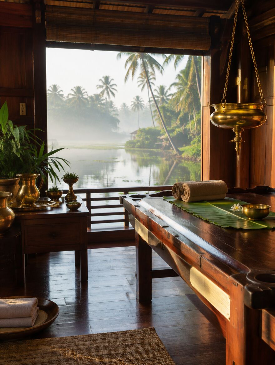 An Ayurveda treatment room opening onto the Kerala backwaters