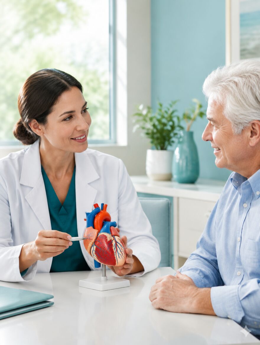 A cardiologist explaining a heart model to an older patient