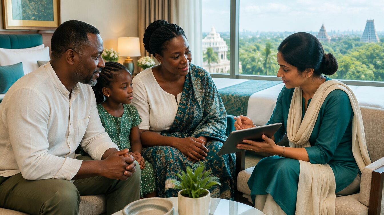 A patient coordinator explaining a care plan to a visiting family