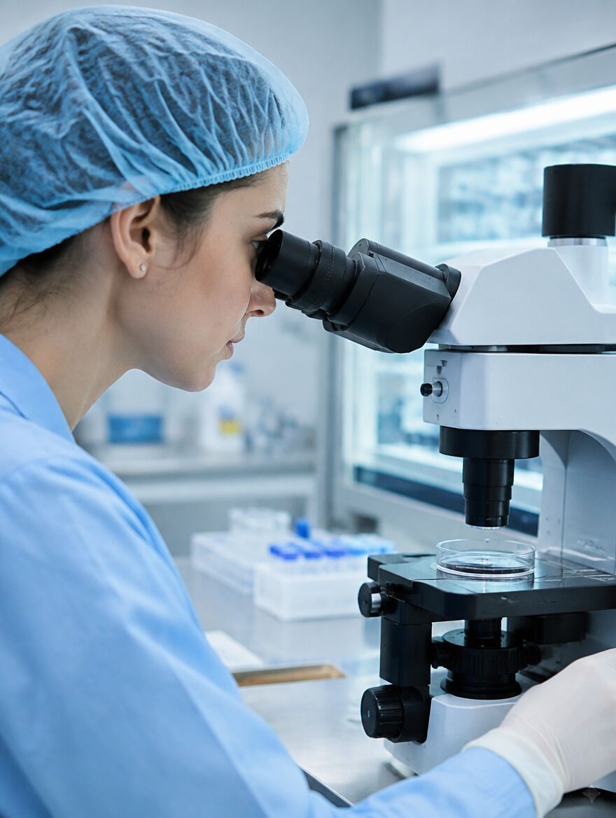 An embryologist at a microscope in an IVF laboratory