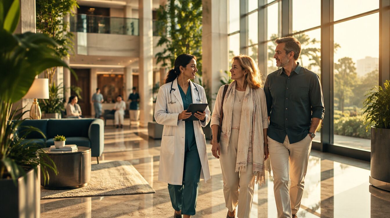 A doctor walking with an international patient and her husband through a hospital atrium