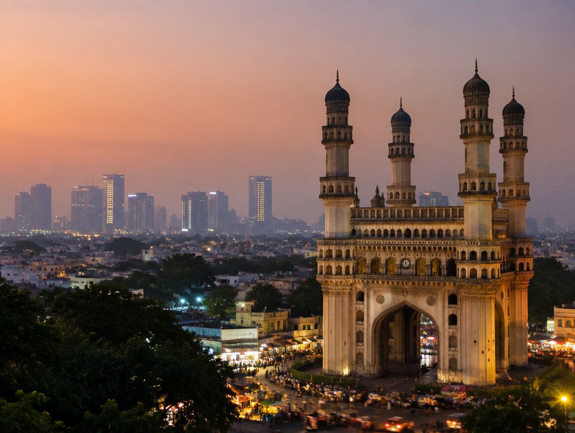 The Charminar in Hyderabad at dusk