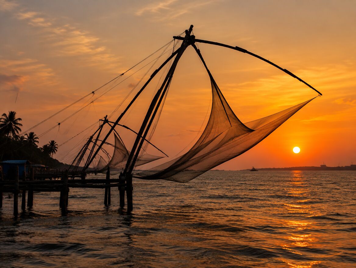 Chinese fishing nets in Fort Kochi at sunset