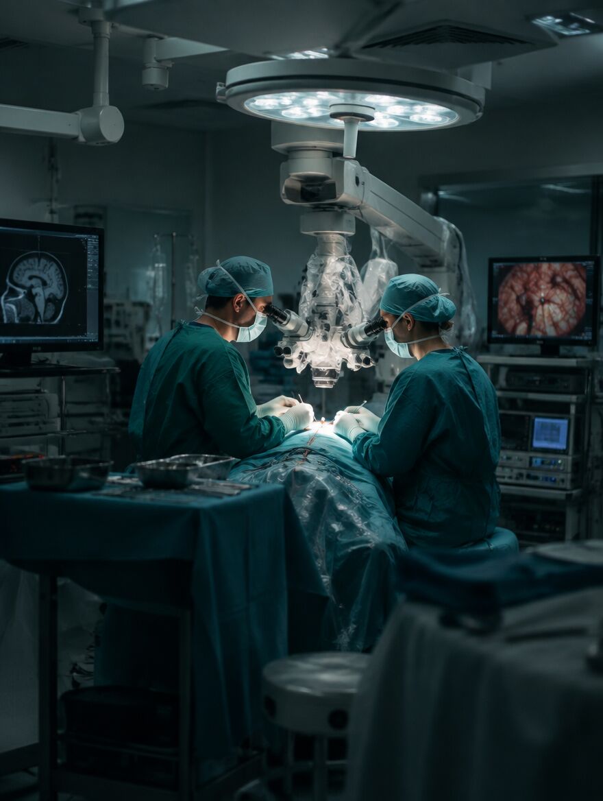 Surgeons in a neurosurgery theatre with a surgical microscope