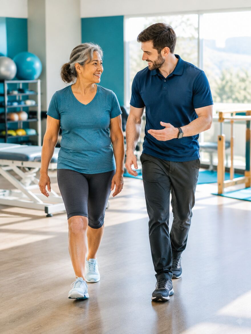 A patient walking with a physiotherapist after knee surgery