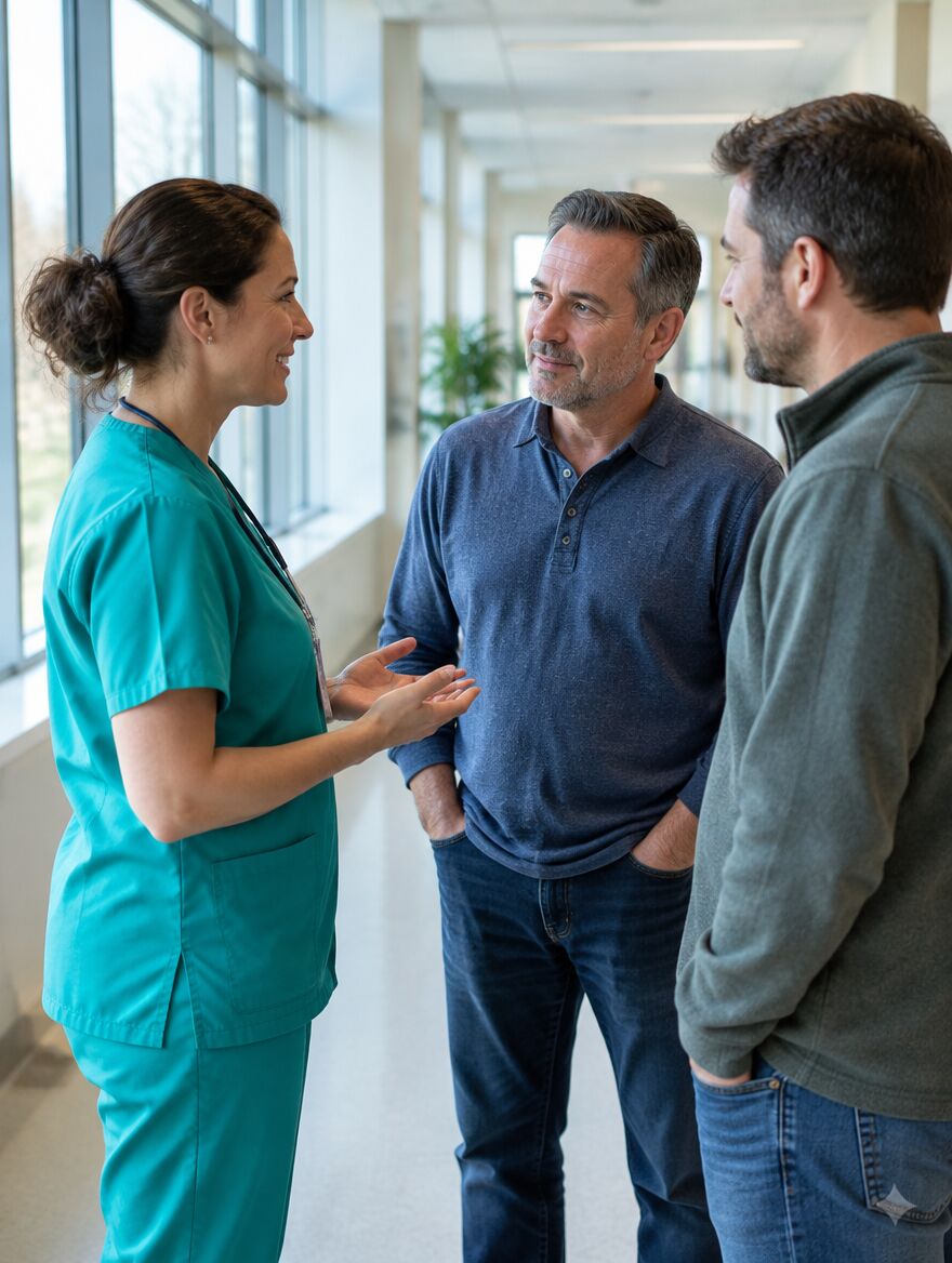 A transplant coordinator speaking with a patient and his brother