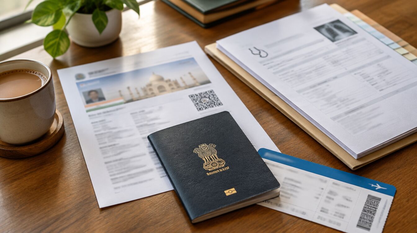 A passport, visa printout and medical reports on a desk