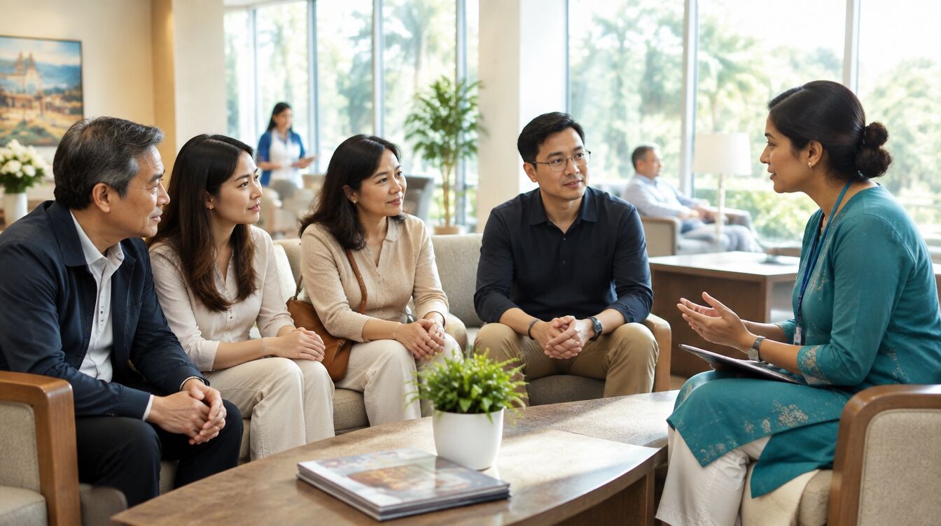 An interpreter speaking with a visiting family in a hospital lounge