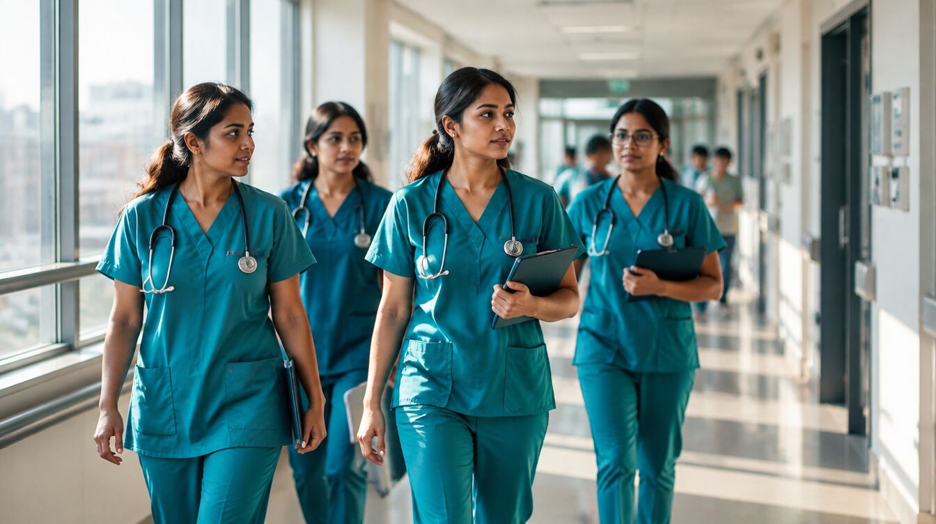 Nurses walking down a sunlit hospital corridor